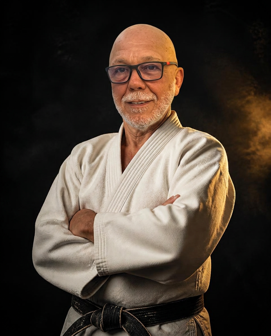 Michel Carrière, fondateur du Nice Judo Alliance, en kimono et ceinture noire